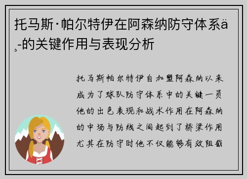 托马斯·帕尔特伊在阿森纳防守体系中的关键作用与表现分析